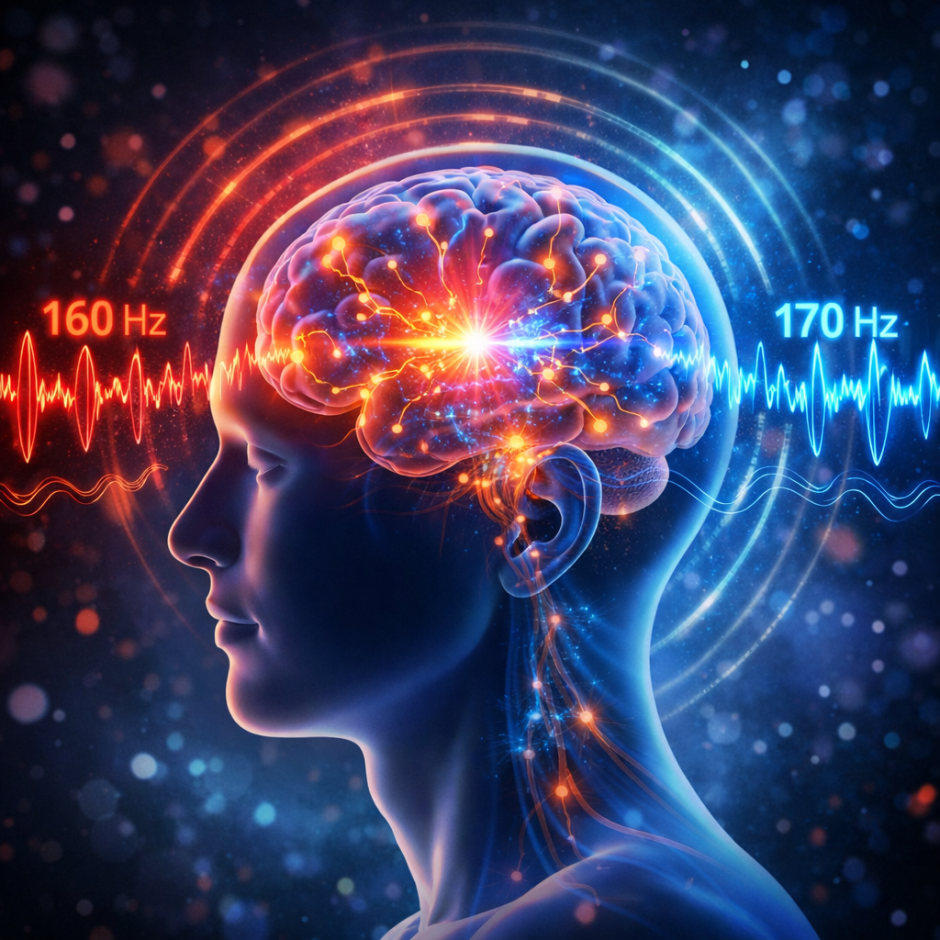 Human head with brain showing neural activity and 160 Hz and 170 Hz brainwave frequencies